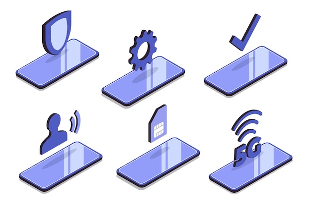 기능이 있는 아이소메트릭 스마트폰 세트