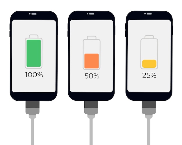 Набор смартфонов с индикатором уровня заряда батареи и usb-подключением векторная инфографика