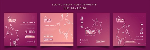 Набор шаблонов постов в социальных сетях для исламского праздника ид аль адха в розовом фоне