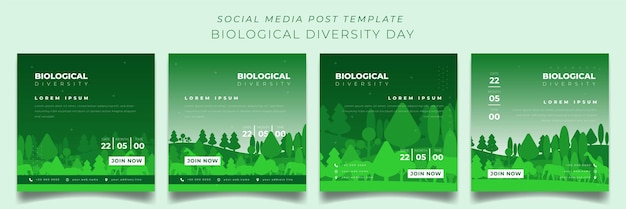 緑の背景デザインの世界生物多様性の日のためのソーシャルメディア投稿テンプレートのセット