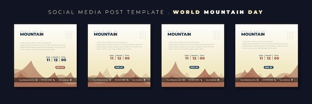 Набор шаблонов сообщений в социальных сетях с синим и коричневым дизайном для дизайна международного дня гор