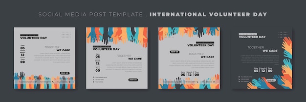 국제 자원 봉사의 날 템플릿을 위한 손 디자인이 있는 소셜 미디어 포스트 템플릿 세트