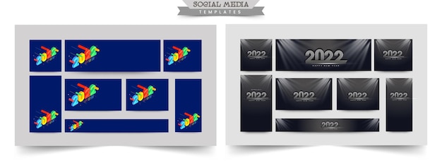 新年あけましておめでとうございますのコンセプトのための3d2022番号とソーシャルメディアテンプレートとバナーデザインのセット。