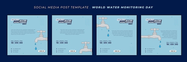수도꼭지에서 물을 떨어뜨리는 세계 물 모니터링의 날 디자인을 위한 소셜 미디어 템플릿 세트