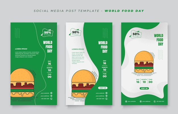 Набор шаблонов социальных сетей в портретном дизайне с зеленым абстрактным фоном для дизайна дня еды