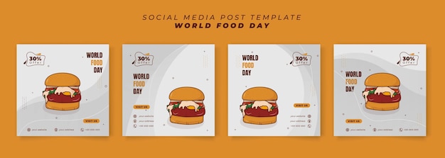 食品の日のハンバーガー漫画デザインと白の抽象的な背景のソーシャル メディア テンプレートのセット