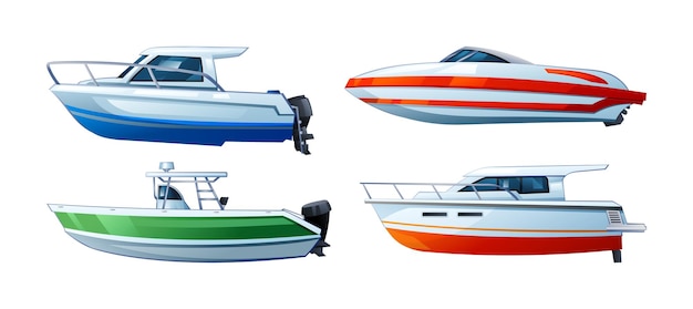 ベクトル 白い背景に分離されたスピードボートまたはモーターボートのベクトルイラストのセット