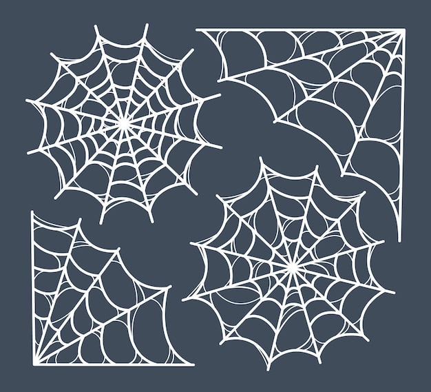 Набор паутин. символ хэллоуина. разнообразие белых паутин на темном фоне. шаблон