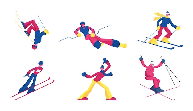 スポーツマンフリースタイルスキージャンプのセット。ウィンタースポーツ活動は、スキーとアクロバットのスタントを組み合わせたものです。漫画フラットイラスト