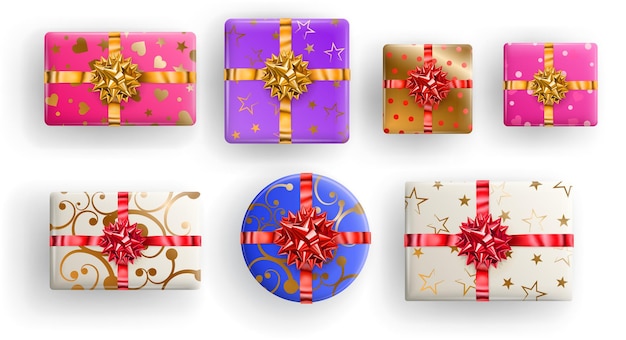 리본, 활 및 다양한 패턴이 있는 정사각형, 직사각형 및 원형 다채로운 선물 상자 세트