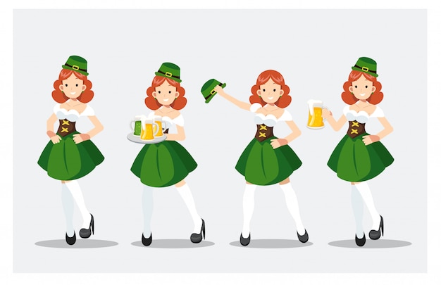 Вектор Комплект дня святого патрика девушка в зеленом костюме