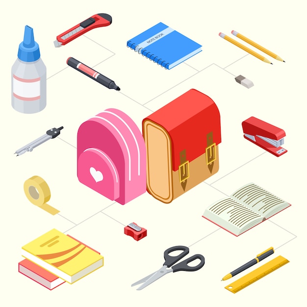 文房具と学校のバックパックのセット