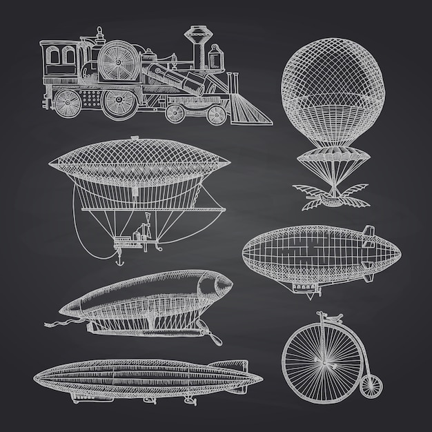 Набор рисованной дирижабли, велосипеды и автомобили в стиле стимпанк на черной доске иллюстрации