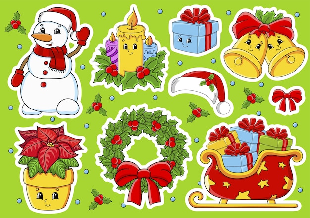 Набор наклеек с милыми героями мультфильмов. рождественская тема. нарисованный от руки. красочный пакет.