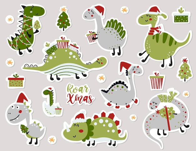 かわいい恐竜のステッカーのセット。グリーティングカード、クリスマスの招待状、スクラップブッキングのベクトル図