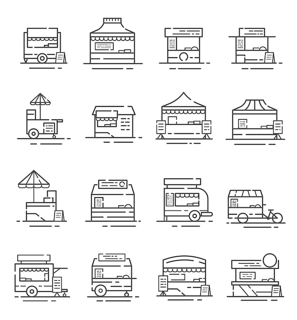 Набор иконок киоск уличной еды в стиле структуры