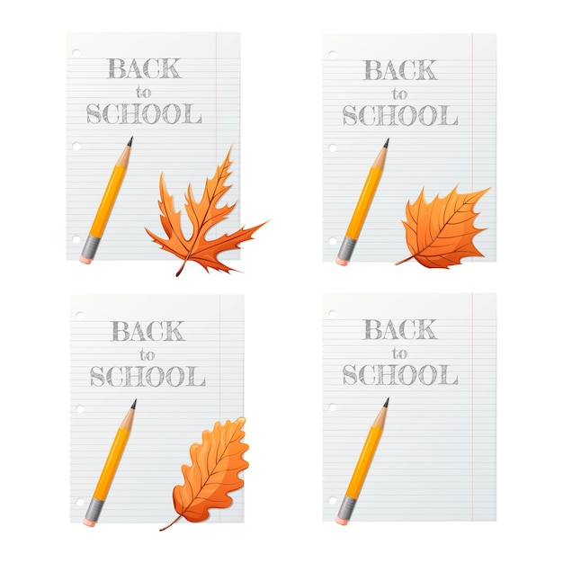 Вектор Набор полосатых тетрадей со школьным текстом, карандашом и разными осенними листьями.