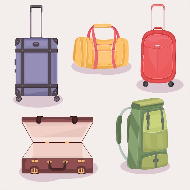 Вектор Набор чемоданов и сумок для путешествий