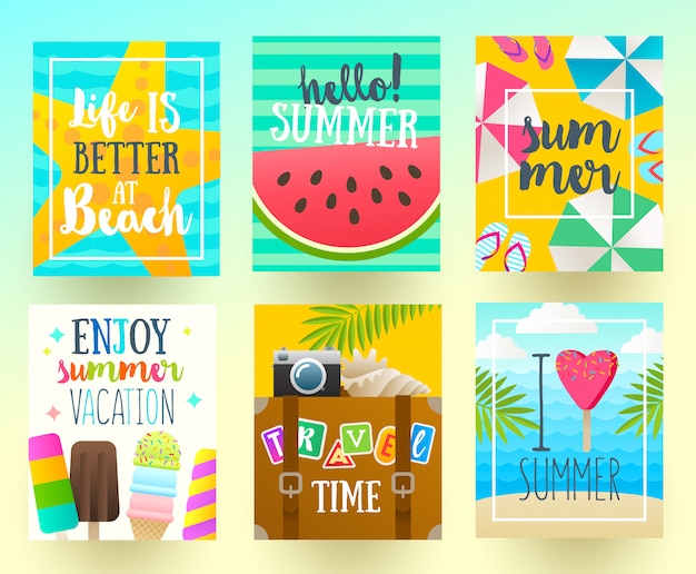 벡터 여름 방학 및 열 대 휴가 포스터 또는 인사말 카드의 집합입니다. 평면 디자인.