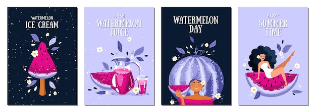 Набор летних открыток с арбузом, арбузом, свежей женщиной и арбузным мороженым