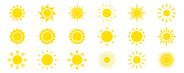태양 아이콘의 집합입니다. 노란 광선 또는 태양의 폭발. 여름, 햇빛, 자연, 하늘. 로고 또는 날씨 아이콘으로 사용하기 위한 노란색 실루엣 태양의 컬렉션입니다. 벡터 일러스트 레이 션, 평면 디자인