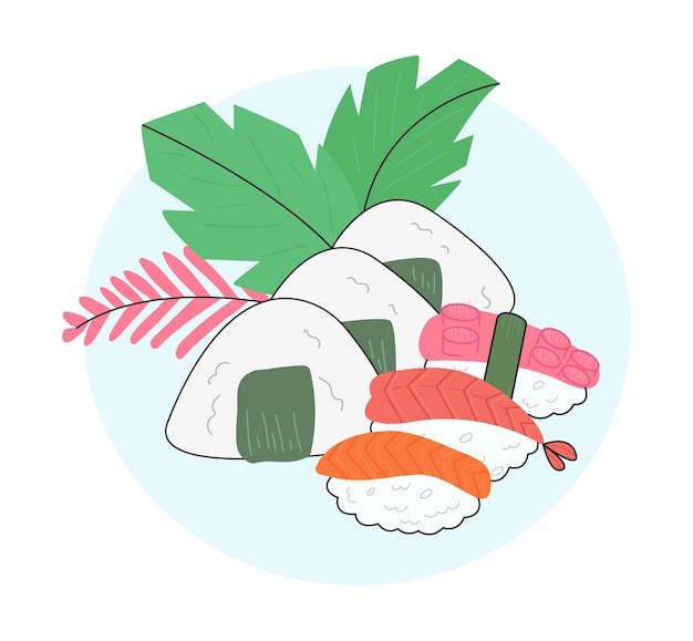 Вектор Набор суши из разных нигири и онигири с осьминогом и лососем