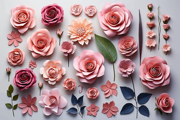Вектор Набор сладких бумажных роз текстуры фона букет красочных цветов оригами, образующих цветочный фон