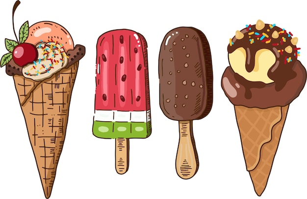 スイート・ヤミー・アイスクリーム (sweet yummy ice cream) のベクトルイラストのセット