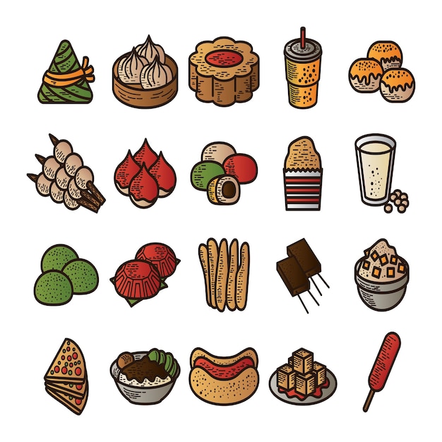 Набор иконок тайваньской кухни для гурманов векторная иллюстрация закусок