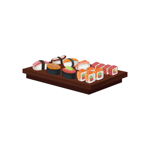 Вектор Набор вкусных суши-роллов на деревянной тарелке традиционная японская еда тема азиатской кухни графический дизайн для меню кафе или рекламного флаера цветная плоская векторная иллюстрация, изолированная на белом фоне