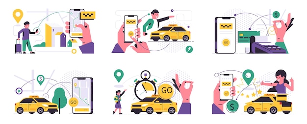 タクシー注文サービスモバイルアプリケーションのコンセプトのセットディスプレイにタクシーを予約して電話を持っている手アーバンキャブサービス黄色い車の乗客はアイコン記号を支払うフラットベクトルイラスト