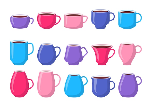 Набор шаблонов керамических красочных кружек розовые синие чашки с кофе плоский.