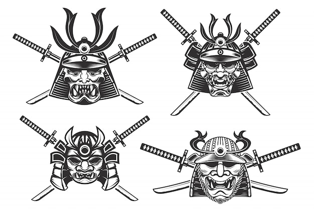 Набор самурай шлемы с мечами на белом фоне. элементы для этикетки, эмблемы, плаката, футболки. иллюстрации.