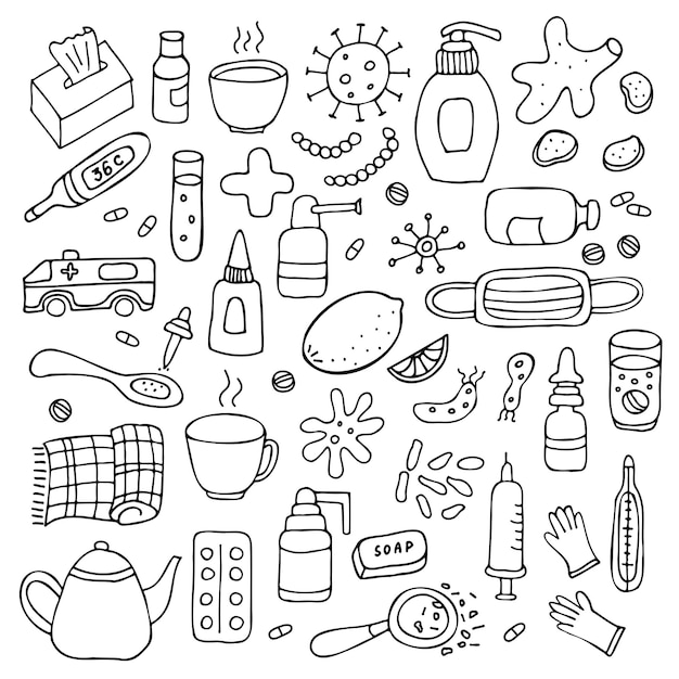 Вектор Набор для лечения гриппа и простуды. содержит лекарства, медицинские изделия и инструменты. doodle vector