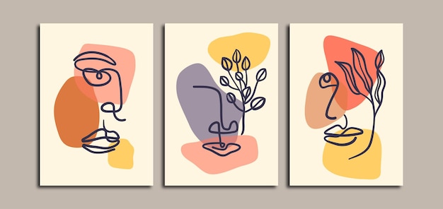 Набор из трех абстрактных непрерывных линий лица плакат фон с стилем бохо