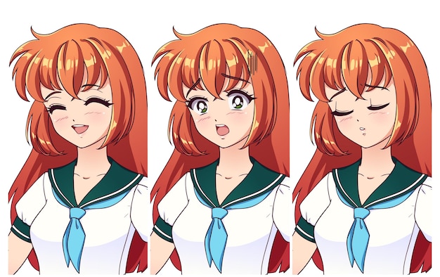ベクトル 3つの異なるアニメの感情のセット。幸せで、怖くて、悲しい。赤い髪と大きなアニメの緑色の目を持つ少女は、日本の制服を着ています。
