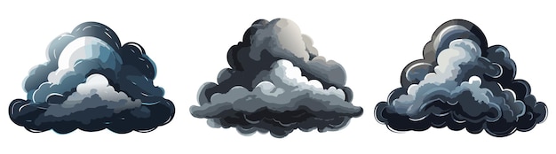 ベクトル 白い背景に隔離された3つのふわふわした暗い雲のセット
