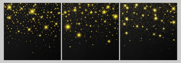 暗い透明な背景に分離された星とほこりの輝きと3つの金の背景のセットお祝いの魔法のクリスマス輝く光の効果ベクトルイラスト