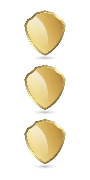 ベクトル 3 つの金色のアイコンのシンボルと3 つの防御形のボタンを隔離された背景にセットします