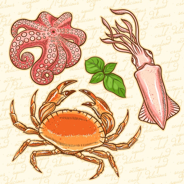 Набор из трех морских животных и листьев базилика. кальмар, краб, осьминог на оранжевом фоне