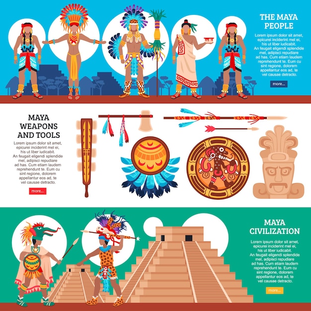 Набор из трех горизонтальных баннеров цивилизации майя в плоском стиле