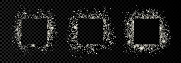 Набор из трех квадратных рамок с серебряным блеском на темном прозрачном фоне пустой фон векторная иллюстрация