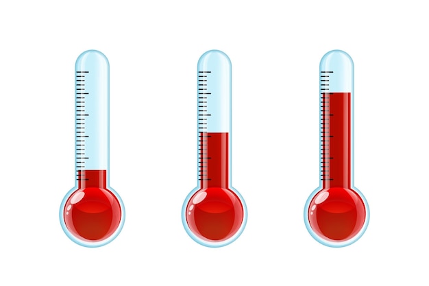 Вектор Набор из трех прозрачных красных термометров с различными уровнями