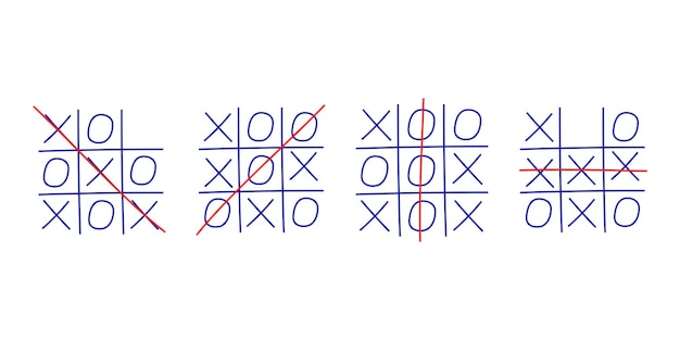 종이에 Tic-tac-toe 게임 세트. 손 그리기. 도박 게임. 벡터 10 Eps.