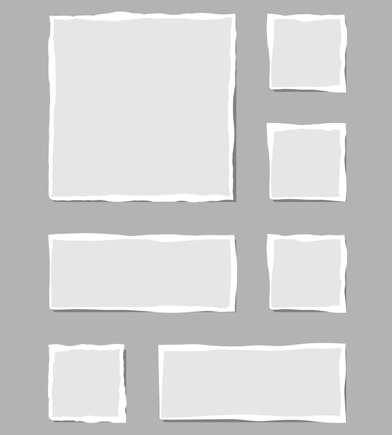 Набор порванной белой записки. обрывки рваной бумаги различной формы, изолированные на сером фоне. векторная иллюстрация.
