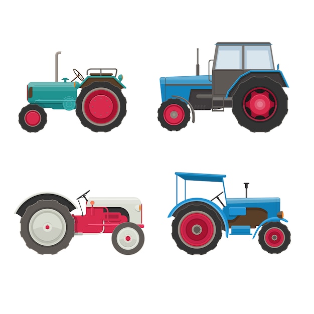 トラクターのセットです。白い背景の上の農業輸送。図