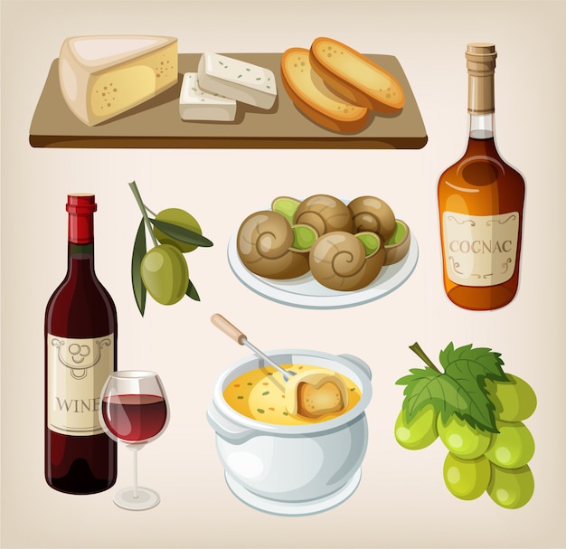 Набор традиционных французских напитков и закусок. отдельные иллюстрации