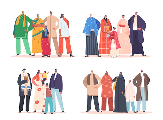 Набор традиционных персонажей счастливой семьи индийские азиатские евреи и мусульмане отец мать бабушка и дедушка и дети