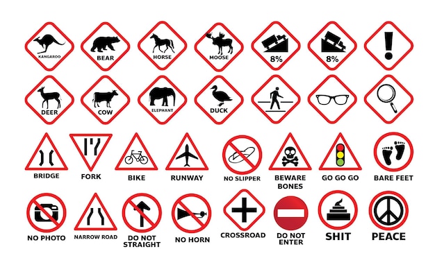 Набор иллюстраций дорожных знаков