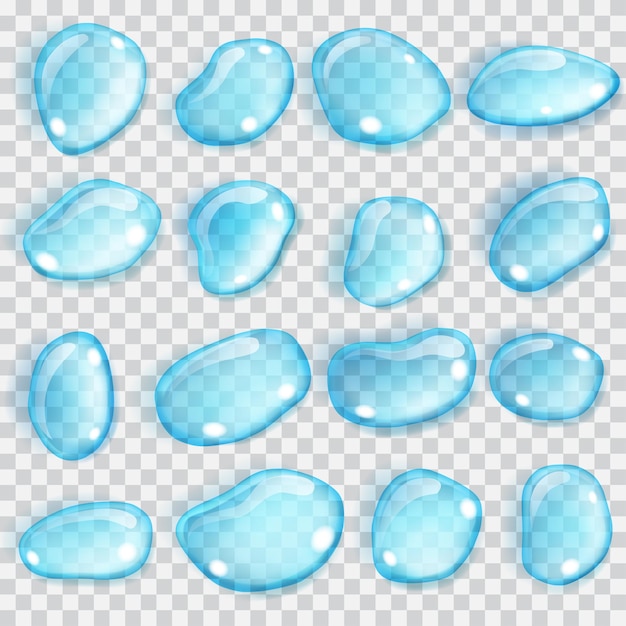 벡터 밝은 파란색 색상에 다른 모양의 투명 방울 세트. 벡터 형식의 투명도